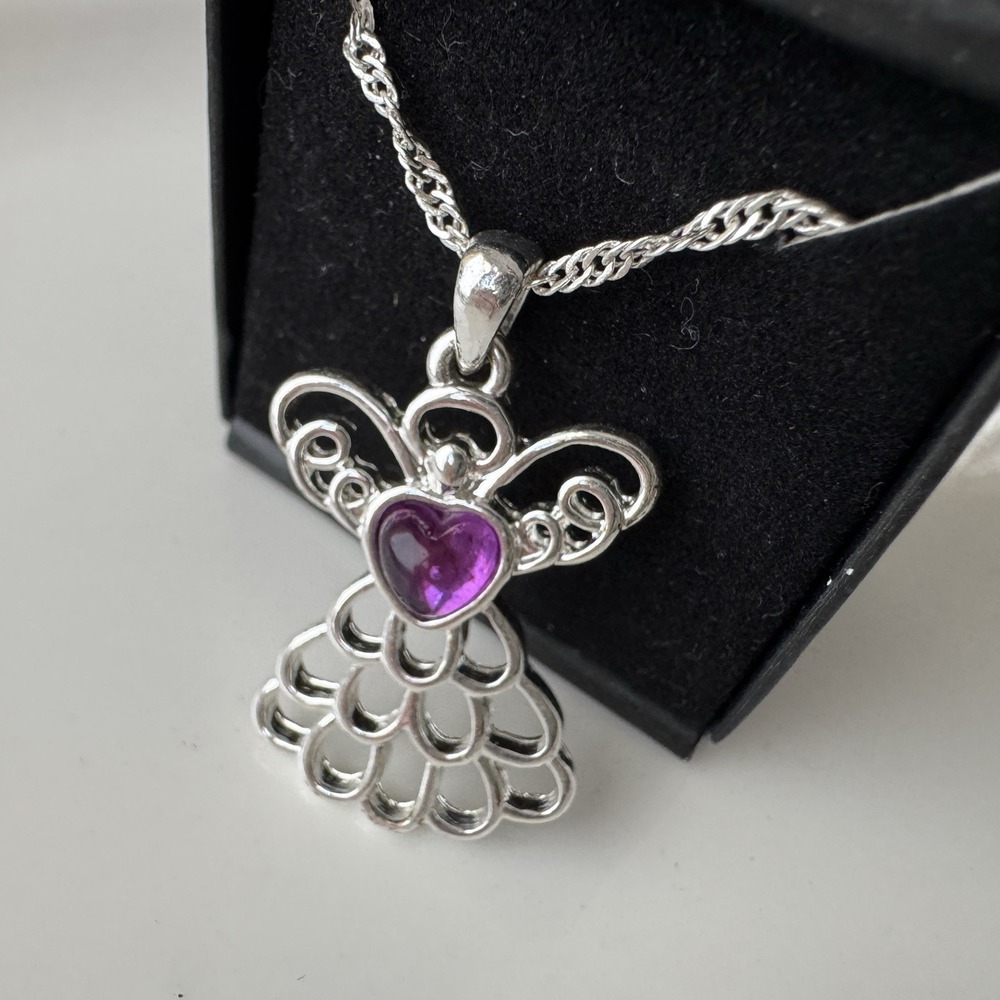 Purple Amethyst February Birthstone Guardian Angel Pendant Silver-tone‎ Necklace